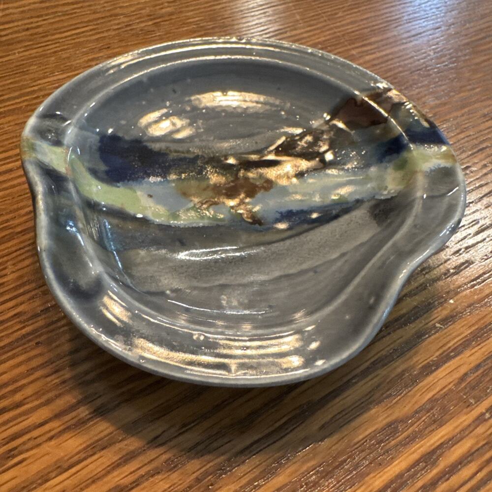 Studio Art Pottery Spoon Rest Bowl Dish Blue Gray Ocean Abstract Glazed Earthy